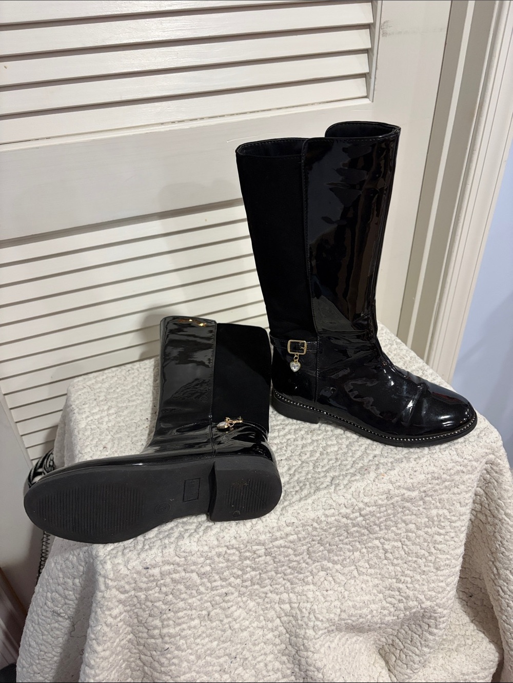 Black Patent Knee-High Women's Boots with Charm Accent